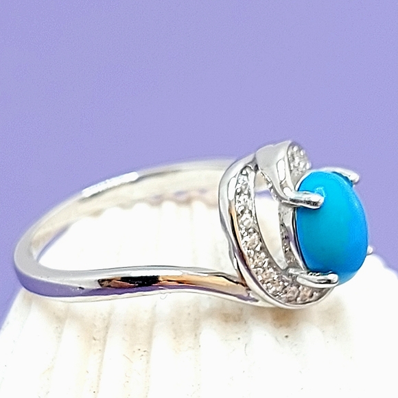 Natural Oval Blue Turquoise 8x6mm & Cz 925 Sterling Silver Ring Size 6 - Picture 10 of 10
